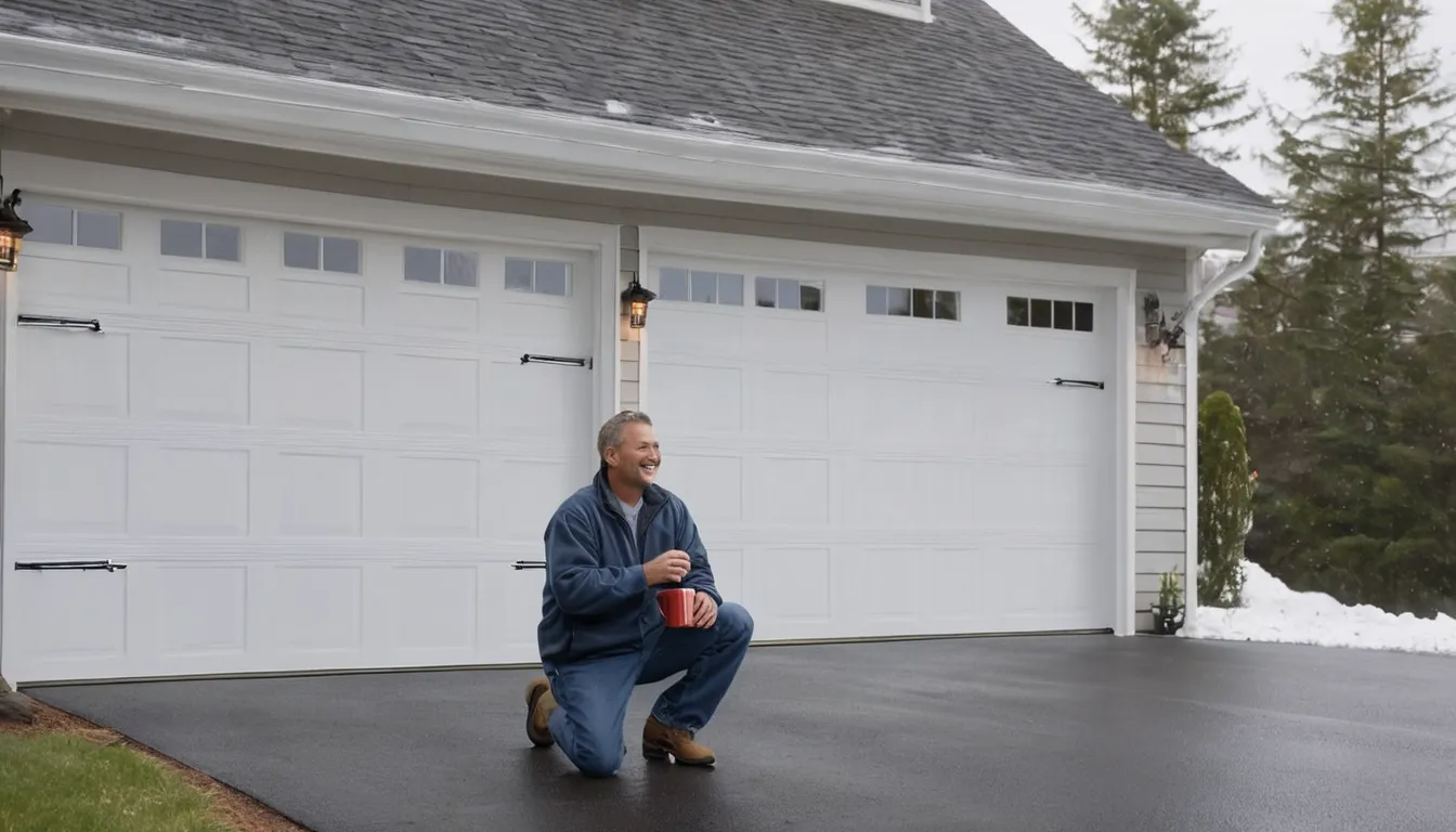 A friendly garage door provider checking a residential garage door track outside a home in Norristown