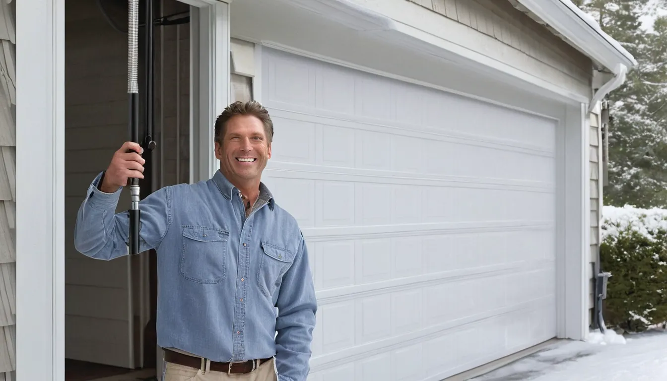 A friendly local garage door provider checking a torsion spring above a residential garage door in Norristown